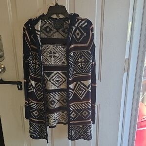 Lovemarks Open-Front Hooded Sweater Cardigan - Navy/cream /Blue